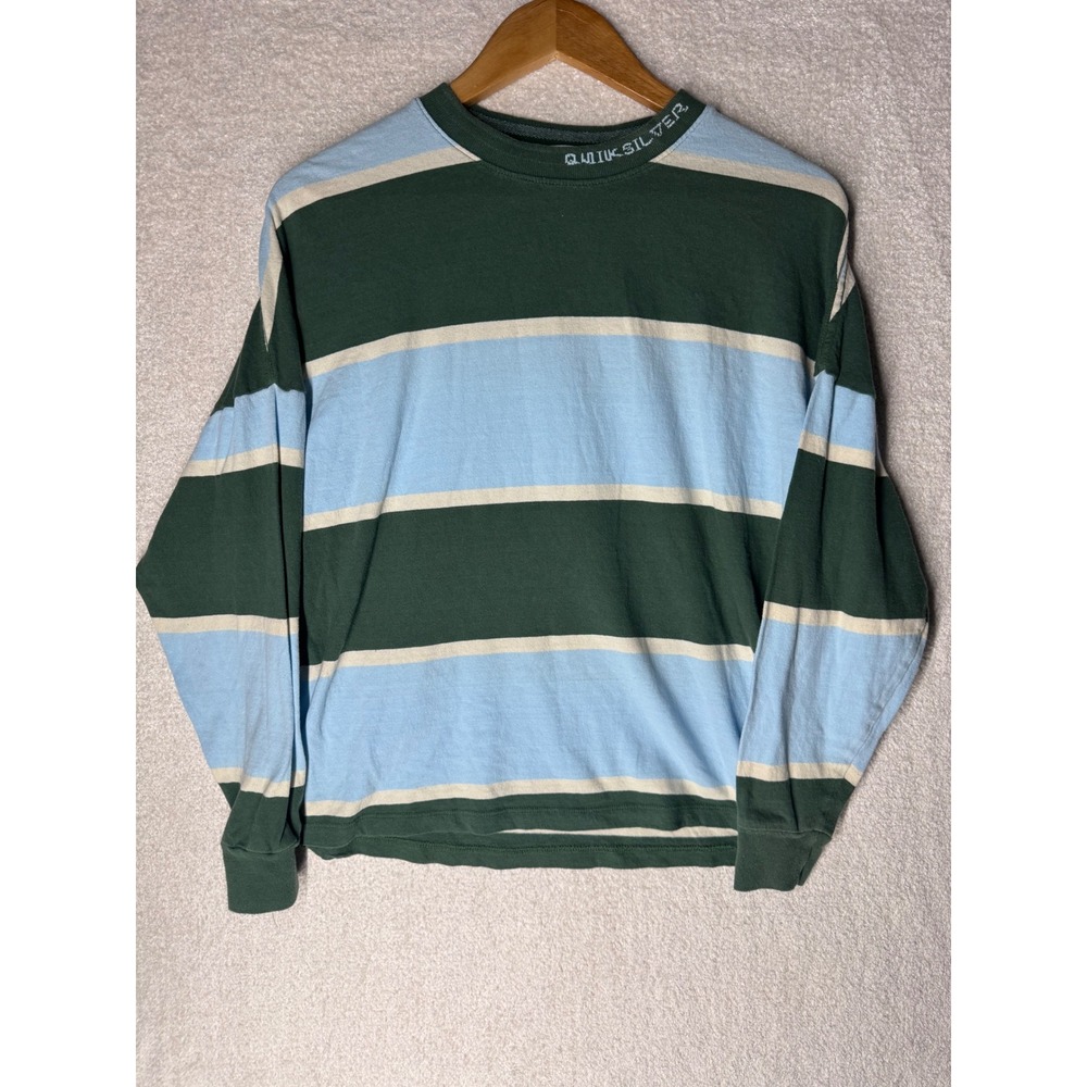 Quiksilver Boxy Striped Long Sleeve Shirt Green Blue Men's Small Surf Skate